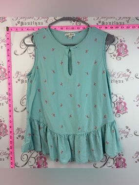 JACHS Girlfriend tank top keyhole, Mint Aqua Sleeveless Flamingo Ruffle Hem Top